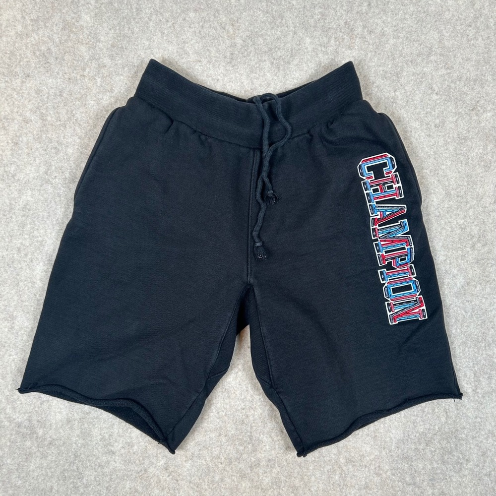Champion Reverse Weave Shorts Mens Small Black Logo Raw Hem Sweat Shorts‎